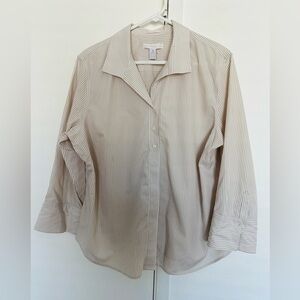 Chicos Womens Long Sleeve Button Up No Iron Shirt Beige/White Striped Size 3
